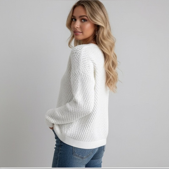 White Knit Drop Shoulder Round Neck Sweater - Picture 3 of 8
